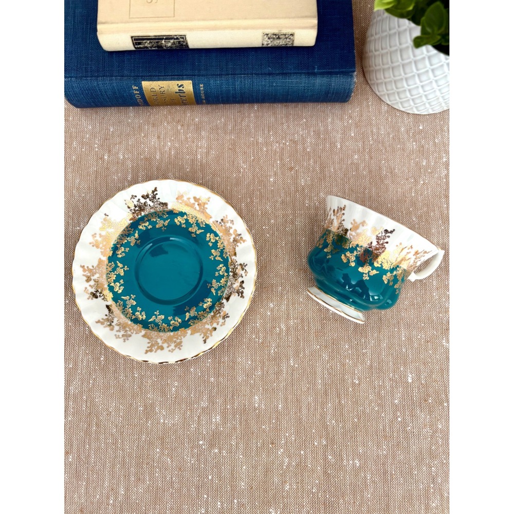VTG Royal Albert Regal Series Teal Teacup and Saucer, English Porcelain Tea Set